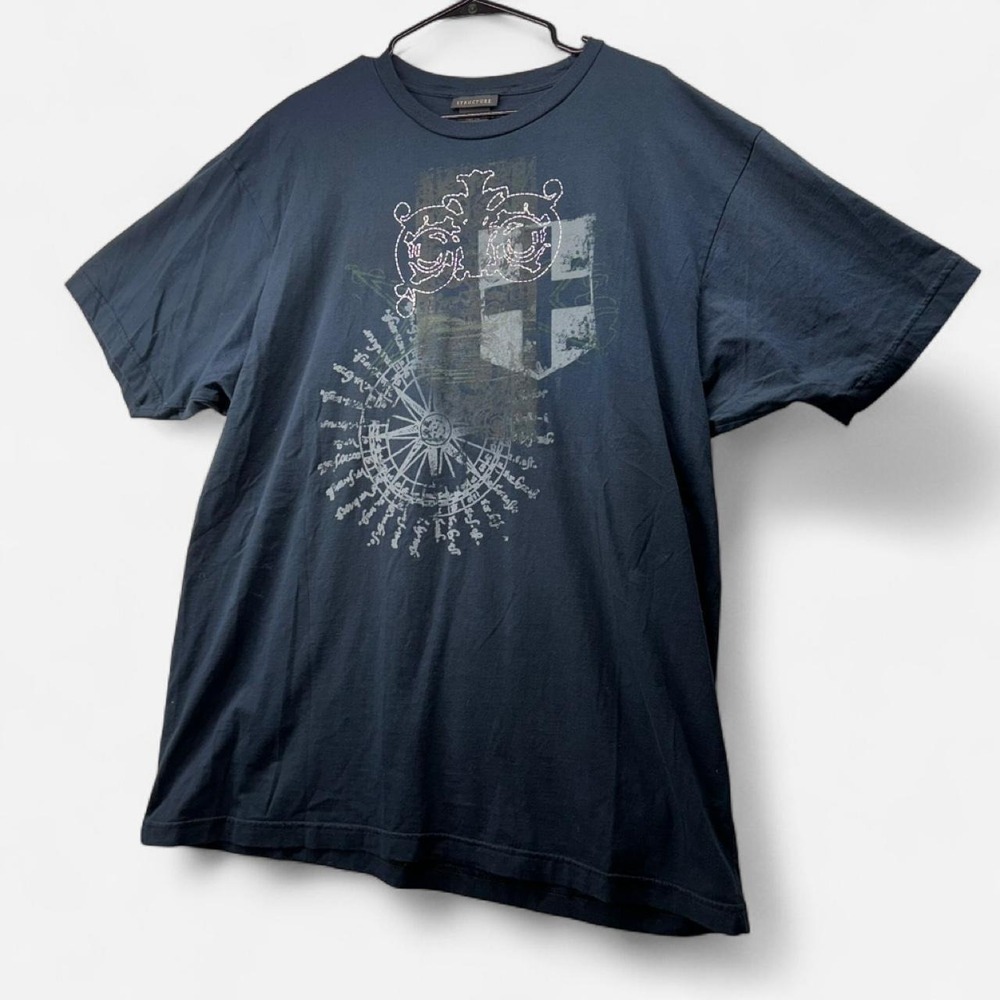Structure Mens Graphic T-Shirt XL Navy Blue Cotton Compass Shield Print Tee